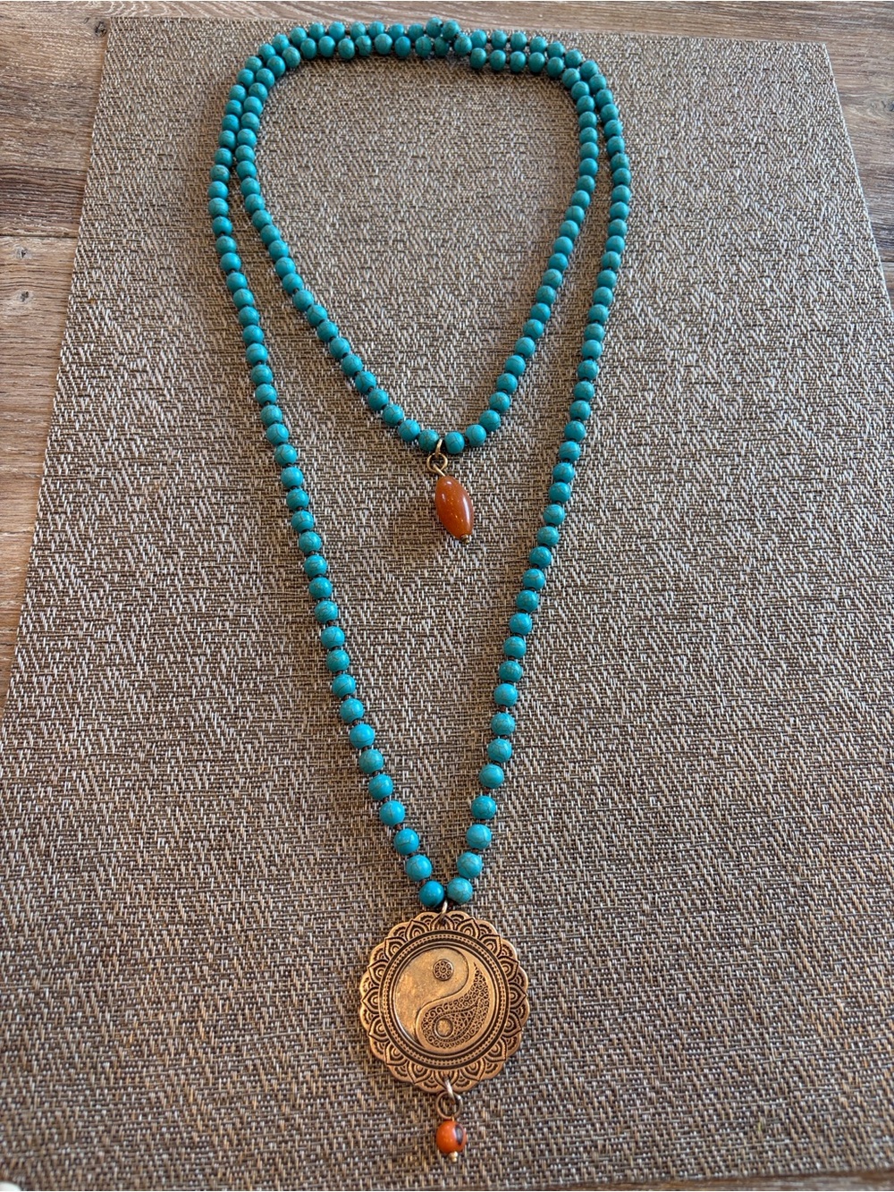 Turquoise Beaded Double-Strand Necklace with Orange Accent Pendant